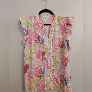 Mary Square Colorful Ruffle Sleeveless Blouse Size L